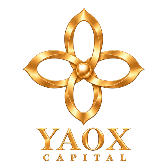 YAOX CAPITAL — gold interwoven emblem with a central pearl
